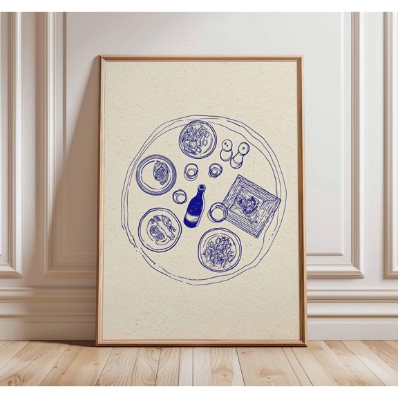 Minimalist Dining Table Blue Line Art Modern Food Illustration, Unframed Paper Poster 8x10in