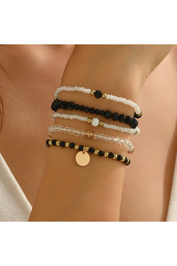 Minimalist Disc Pendant Bracelets 5 Piece Elastic Set Everyday Elegance