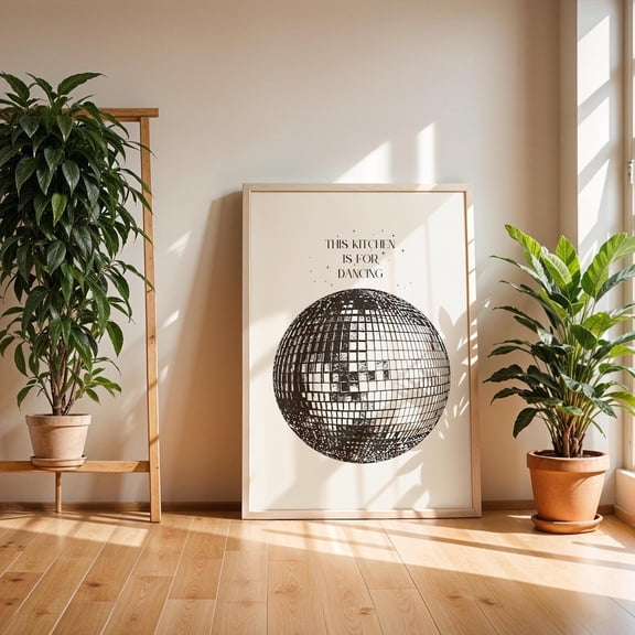 Minimalist Disco Kitchen Decor, Aesthetic Black and White Kitchen Wall Art Print, Vintage Disco Ball, Retro Dancing Poster, Unframed Paper Print