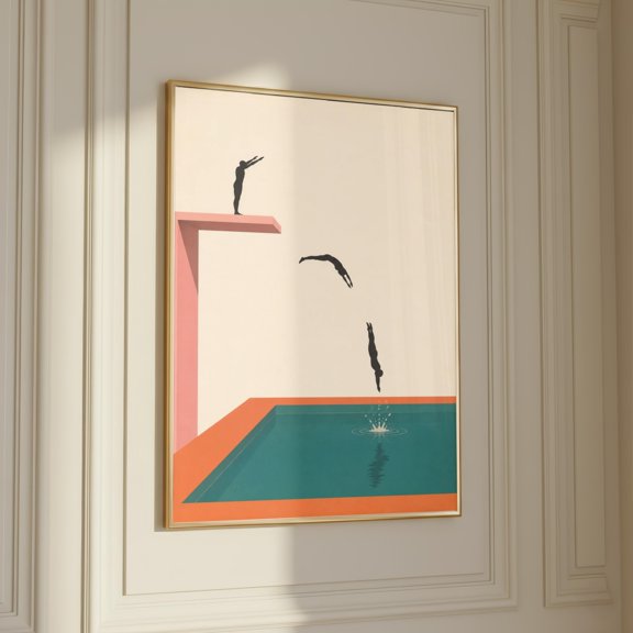 Minimalist Diving Poster, Mid Century Pool Art, Abstract Swimmer Print, Retro Summer Decor , Poster Print Only