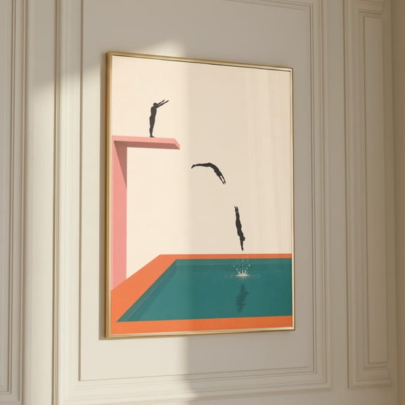 Minimalist Diving Poster, Mid Century Pool Art, Abstract Swimmer Print, Unframed Paper Poster 8x10in