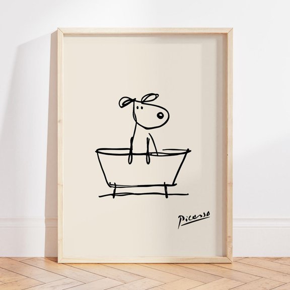 Minimalist Dog Bathtub Wall Art, Abstract Line Drawing for Modern Bathroom Interior, Size 24x36 Unframed Poster