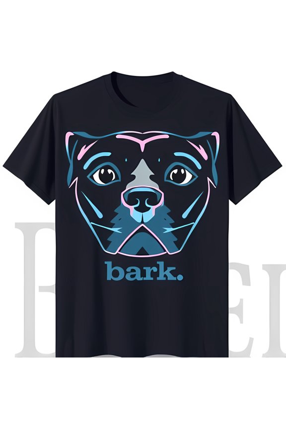 Minimalist Dog Face T-Shirt Blue Outline with Pink Accents & 'Bark' Text Black Tee