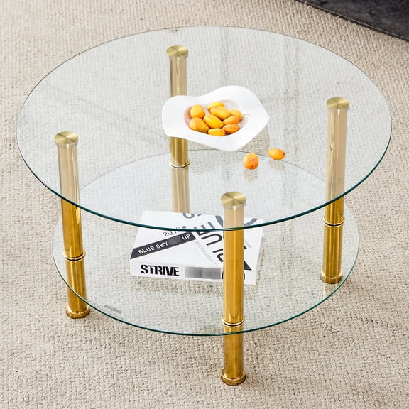 Minimalist Double Layer Round Glass Table with Gold Plated Supports - Quick Assembly, Floor Protection with Anti-Slip Pads