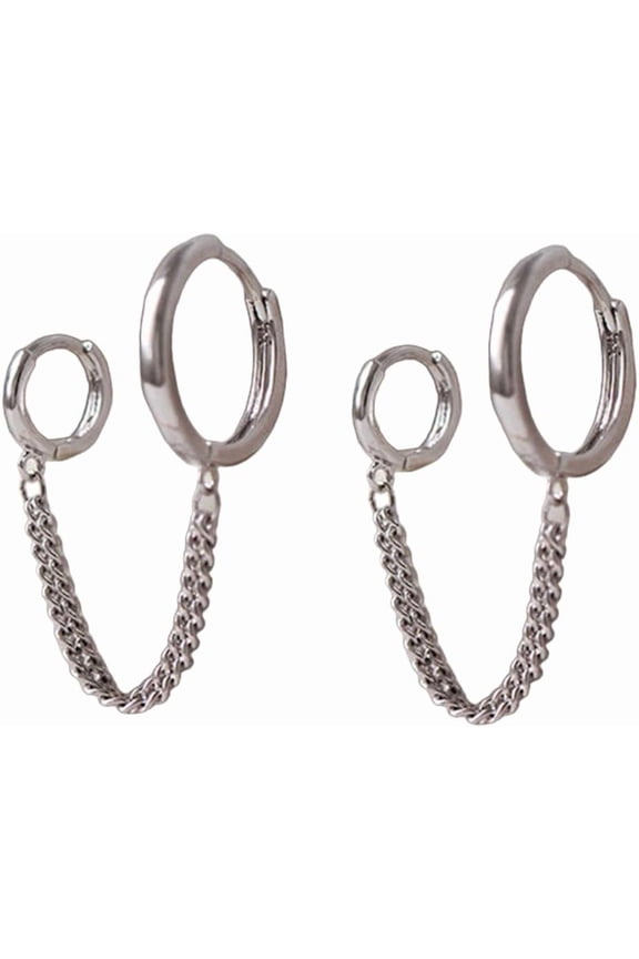 Minimalist Double Small Hoop Earrings for Women Silver Gold-Toned Link Chain Tassel Dangle Drop Huggie Hoops Earring Simple Ear Piercing Cuff Two Holes Jewelry for Sister Niece