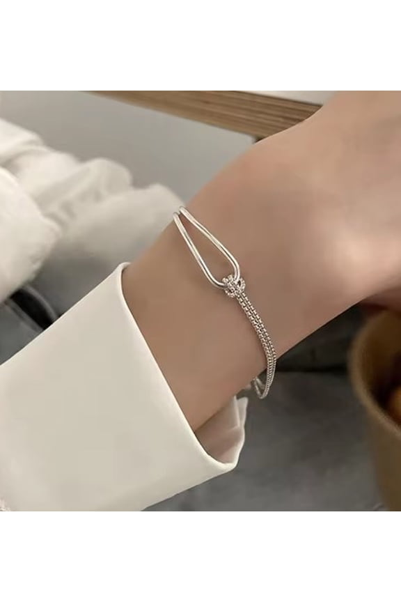 Minimalist Double U Slide Adjustable Bracelet, Silver Tone Thin Box Chain Pull Slide Bangle for Women
