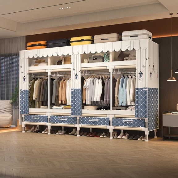 Fabric Wardrobe, Large Capacity Clothes Closet with 4 Storage Compartments & 4 Hanging Zones, 22mm Galvanized Steel Pipe Frame Storage Organizer for Bedroom Rental Apartment