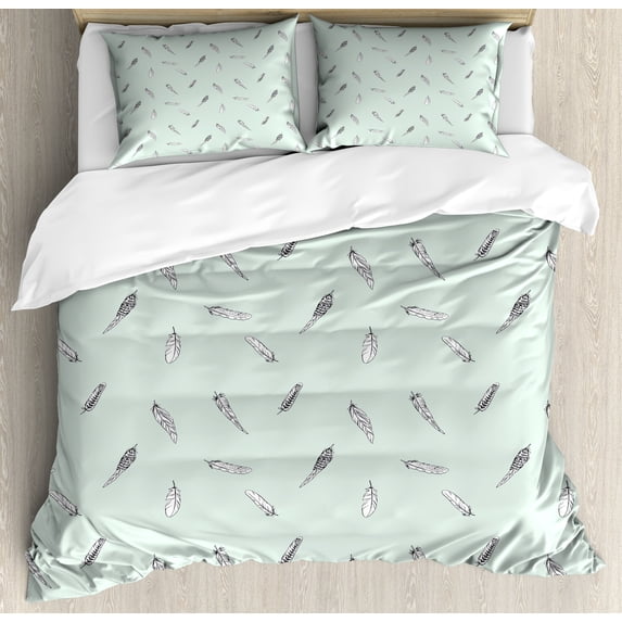 Minimalist Duvet Cover Set, Abstract Feather Sketch Hand Drawn on Simplistic Background, Decorative 3 Piece Bedding Set with 2 Pillow Shams, King Size, Mint Green Pale Grey, by Ambesonne