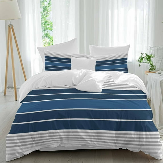Minimalist Duvet Cover Set Twin Size, Lake Blue Gradient Gray Stripe 4 Piece Soft Microfiber Bedding Set with 1 Duvet Cover, 1 Flat Sheet, 2 Pillowcases
