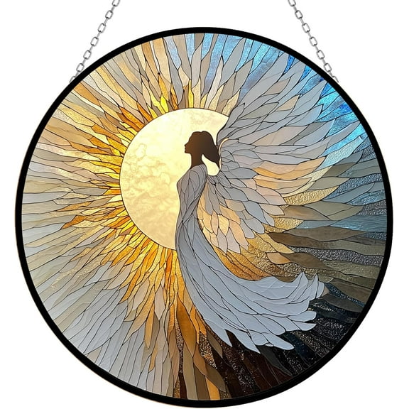 Minimalist Elegant Angel Stained Glass Window Hanging Suncatcher Glass Panel with Metal Chain Sun Catchers Wall Art Home Decor Gift for Women Mother's Day