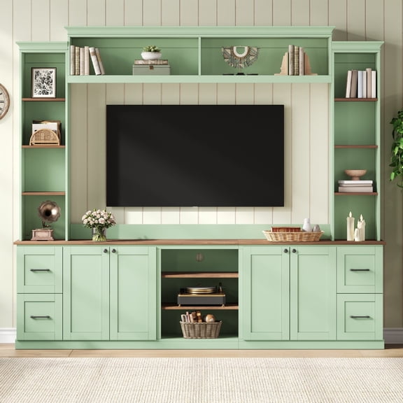 Minimalist Entertainment Wall Unit Set with Overhead Bridge for TVs Up to 75'', Ample Storage TV Stand with Adjustable Shelves and Modernist Large Media Console for Living Room, Green