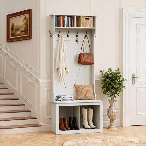 Homall Minimalist Entryway Hall Tree with Storage Bench, 2-Cube Shoe Organizer, White Accent Furniture for Entryway & Hallway