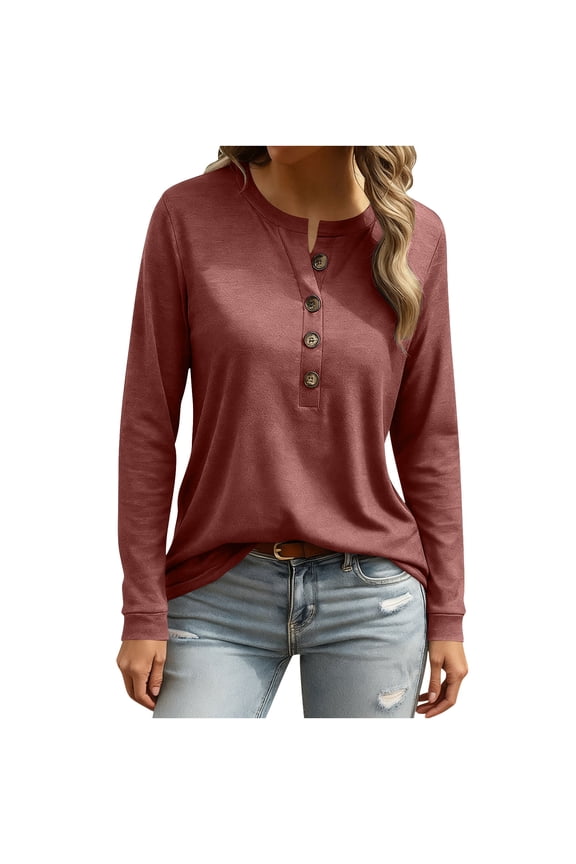 Minimalist Everyday Blouse – Women's Casual Round Neck Top with Button Detail, Solid Color Long Sleeve Woven Fabric Shirt in Relaxed Fit for Workwear Chic