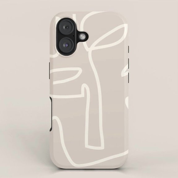 Minimalist Face Line Art Beige and Off-White Tough Case for Apple iPhone, Polycarbonate and TPU