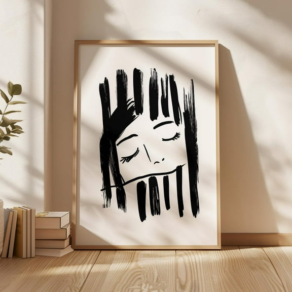 Minimalist Face Line Art Print, Emotional Abstract Portrait, Black Brushstroke, Modern Black And White Artwork Wall Art, Modern Wall Decor, 16x24 UNFRAMED