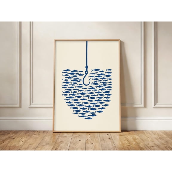 Minimalist Fish School Print, Navy Blue Nautical Wall Art, Coastal Beach House Decor