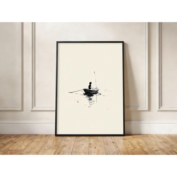 Minimalist Fishing Boat Print Japanese Ink Wash Art Serene Lake Scene, Unframed Paper Print