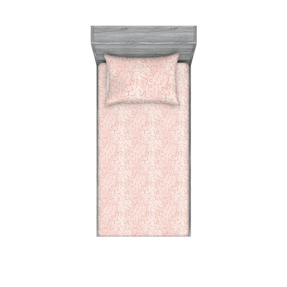 Minimalist Fitted Sheet & Pillow Sham Set, Pastel Colored Little Swirly Lines on a Soft Background Repeated Pattern, Decorative Printed 2 Piece Bedding Decor, Twinxl, Blush Dried Rose, by Ambesonne