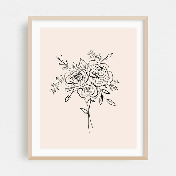 Minimalist Floral Bouquet - Photography Floral Line Art Black and White Minimalist Botanical Flowers Oak Framed Wall Art Print 6 x 8 inches