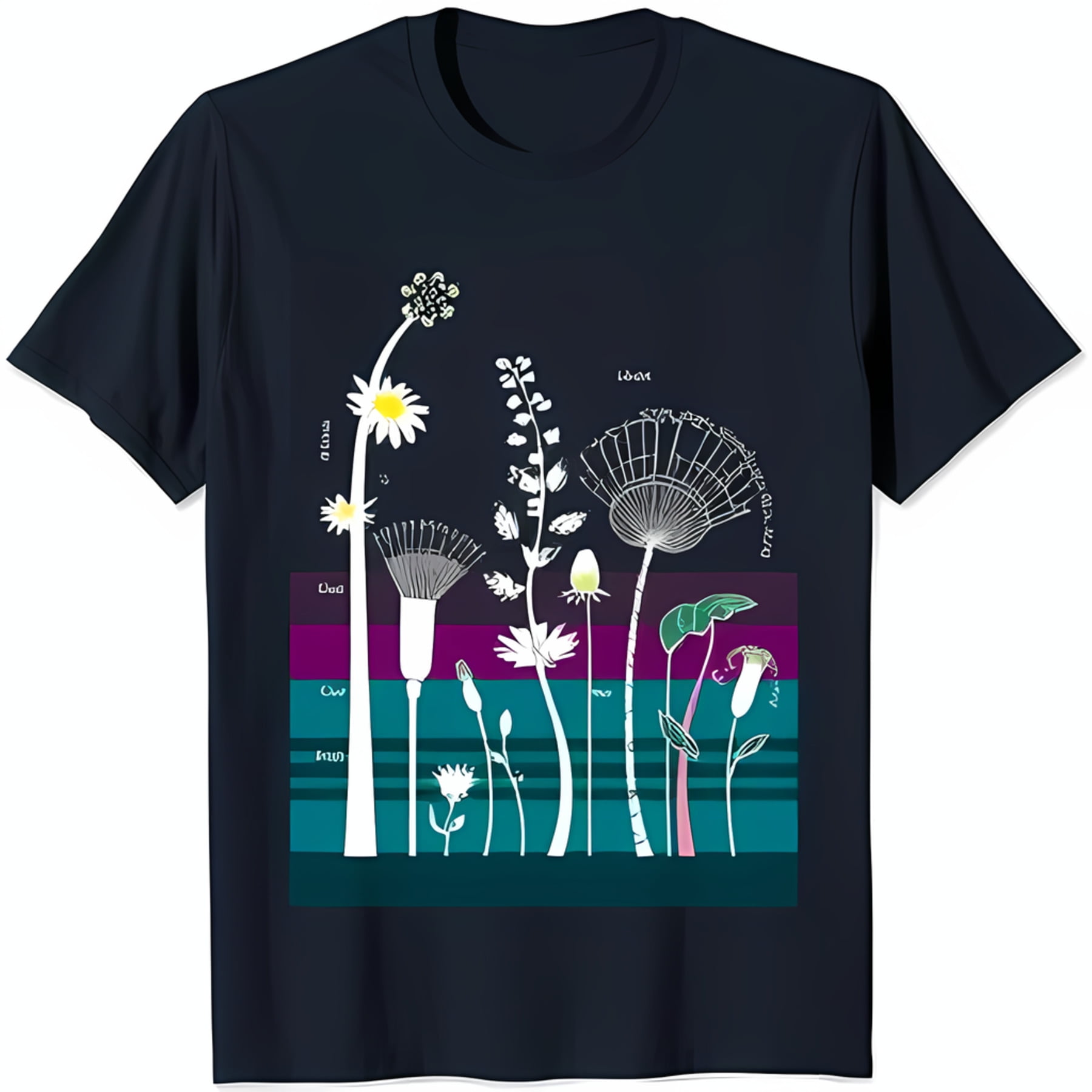 Minimalist Floral Design Blue TShirt with Seven Flower Species Names