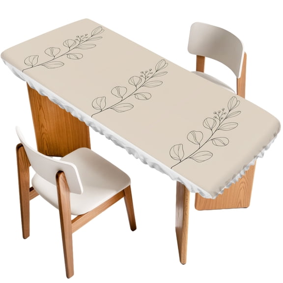 Minimalist Floral Fitted Rectangle Tablecloth 32" x 96" Modern Black Leaves Line Art Botanical Beige Elastic Table Cloth Fits for 8 Foot Folding Tables Waterproof Table Cover for Picnic Camping