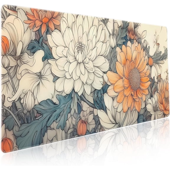 Minimalist Floral Gaming Mouse Pad XXL White Orange Aesthetic Flowers Japanese Extended Large Mat Mousepad Non-Slip Rubber Base Stitched Edge Keyboard Pad Playmat for Computer,35.4×15.7 Inch