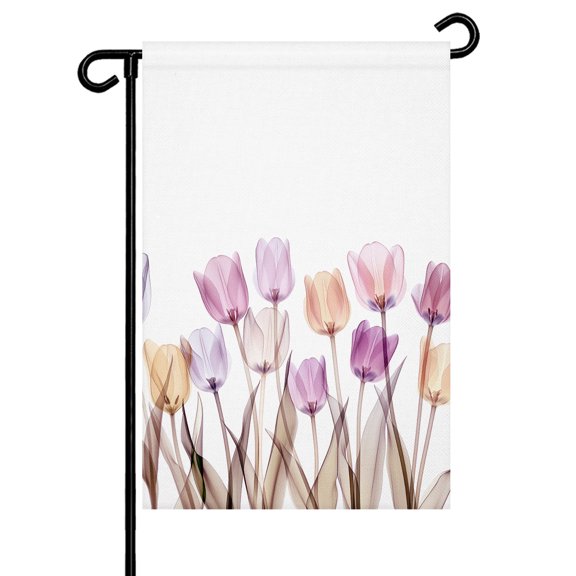 Minimalist Floral Garden Flag 28x40 Inch Watercolor Tulip Leaf Transparent Double Sided Small Decorative Garden Flags for Outside, Outdoor Yard Porch Lawn Decoration