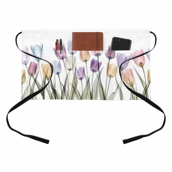 Minimalist Floral Kitchen Restaurant Half Waist Apron, Watercolor Colorful Tulip Leaf Transparent Server Short Apron with 3 Pockets Waterproof Oil Waist Aprons for Women Waitress Waiter