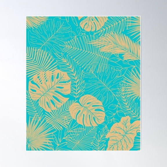 Minimalist Floral Line Art Pattern With Tropical Leaves Design | Aqua Blue & Beige Poster Wall Art, Modern Wall Decor For Living Room Bedroom, 8x12 UNFRAMED