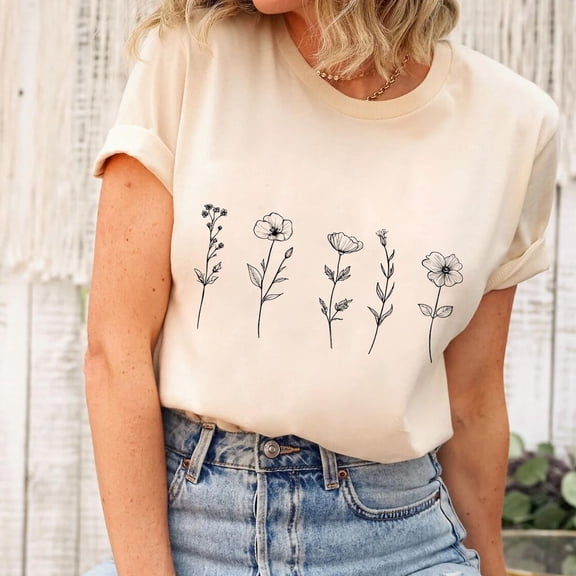 Minimalist Floral Line Art T-Shirt: Botanical Sketch Tee All Size S-5Xl