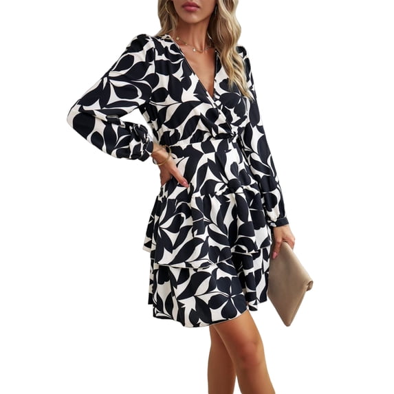 Minimalist Floral Print Surplice Tiered Dress Above Knee Length Black Small
