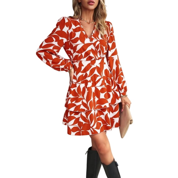 Minimalist Floral Print Surplice Tiered Dress Above Knee Length Brown Large