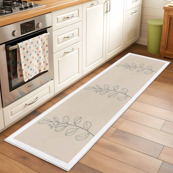 Minimalist Floral Runner Rug Non Slip 2x6 Modern Black Leaves Line Art Botanical Beige Washable Rug Runner for Hallways Low Pile Kitchen Rugs Stain Resist Carpet for Bathroom Bedroom Entryway