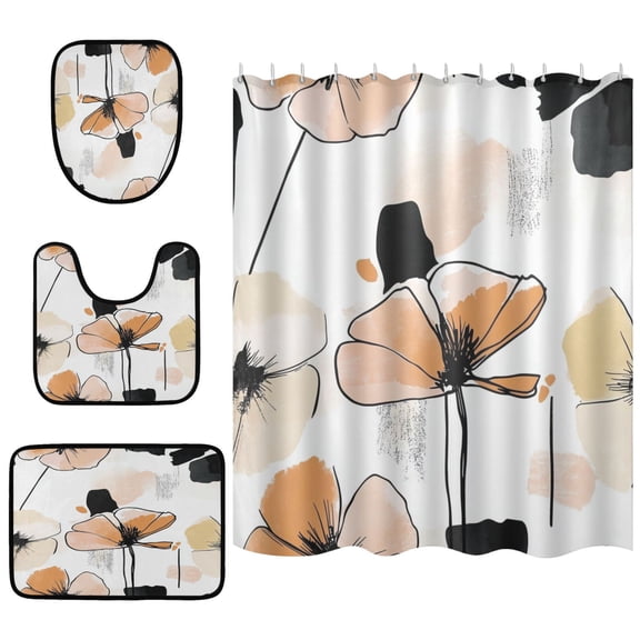 Minimalist Floral Sketch Bathroom Accessory Curtain Sets Bath Curtain Anti-Slip Mats and Toilet Pad 66x72in