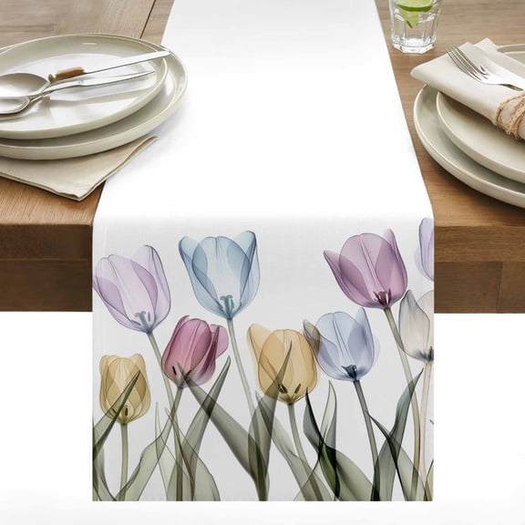 Minimalist Floral Table Runner 13x36 inch Watercolor Colorful Tulip Leaf Transparent Cotton Linen Dining Table Runner Ideal for Dresser Kitchen Coffee Tables - Machine Washable