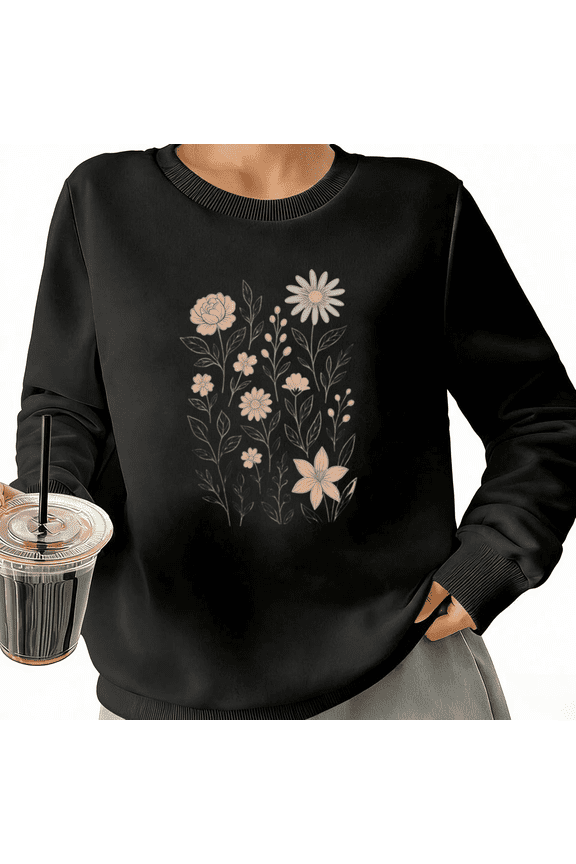 Minimalist Floral Womans Sweatshirt Graphic Sweatshirt Black White S-3XL Boho Gift Loose Fit Crew Neck Tops