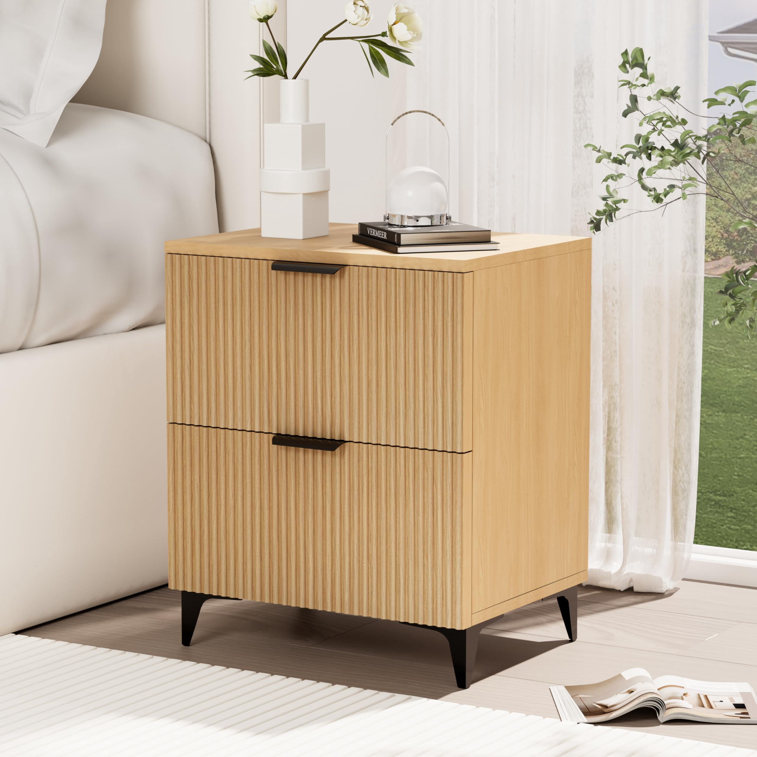 Curated visual reference: Visual Reference: Minimalist Fluted Nightstand With 2 Drawers Small Bedside Table For