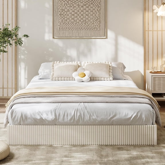 Wood Platform Bed Frame with Low Profile Frame, Recessed Mattress Platform for Bedroom,Full,Cream white