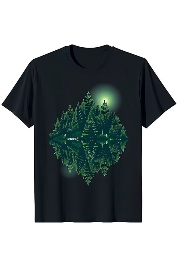 Minimalist Forest Reflection Graphic on Black T-Shirt Nature Inspired Design