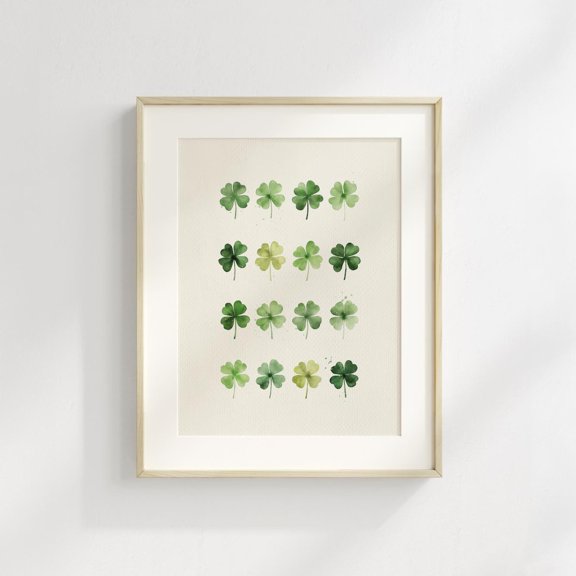 Minimalist Four Leaf Clover Wall Art Print, Green Shamrock Boho Decor