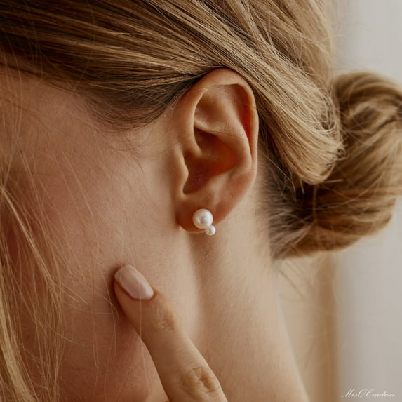 Minimalist Freshwater Pearl Stud Earrings – Double Pearl Design, Daily Wear Earrings, Bridesmaid or Mom Gift