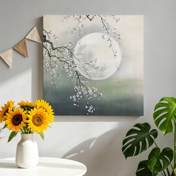 Minimalist FullMoon Canvas Wall Art, Zen Night Mist Plum Tree White Pictures Wall Decor Wooden Framed Artwork Art Prints for Living Room Hallway Bedroom Office 8"x8"