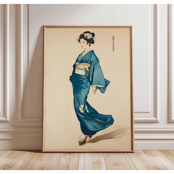 Minimalist Geisha Art, Blue Kimono, Japanese Ukiyo-e Wall Art Print