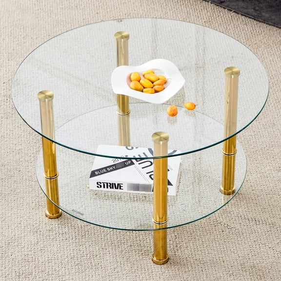Minimalist Glass and Metal Double Layer Coffee Table / Adjustable Pads to Protect Floors