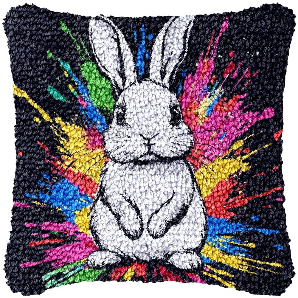 Minimalist Graffiti Bunny Latch Hook Pillow Kits DIY Pillowcase Cushtion Cover Crochet Hooking Pillow Making Kits with Color Pattern Canvas Crochet Hooking Kits Pillow 43x43cm(j84)