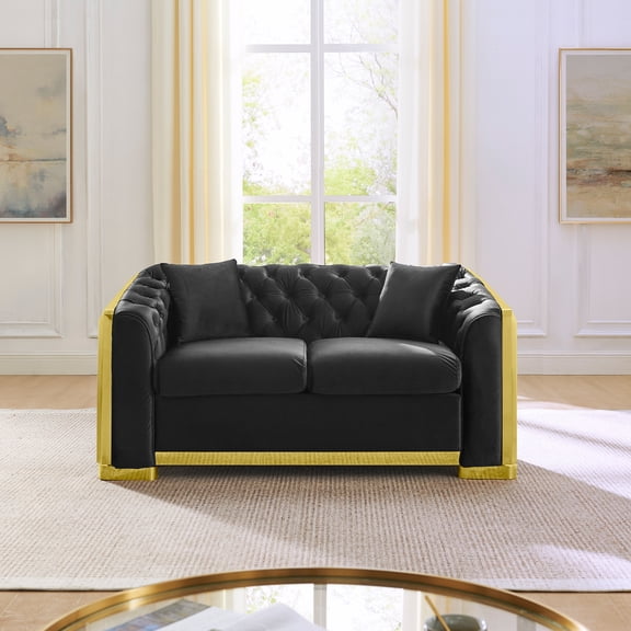 Minimalist, Grand & Elegant Style Light Luxury Split Sofa, Gold Stainless Steel Decoration, 2-Seater Velvet Living Room Sofa (Including 2 Pillows),Black