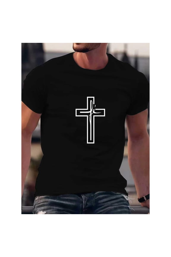 Minimalist Graphic T Shirt Tee Tops with Cross and Cursive Jé Design Short Sleeve Round Neck Black S-5XL