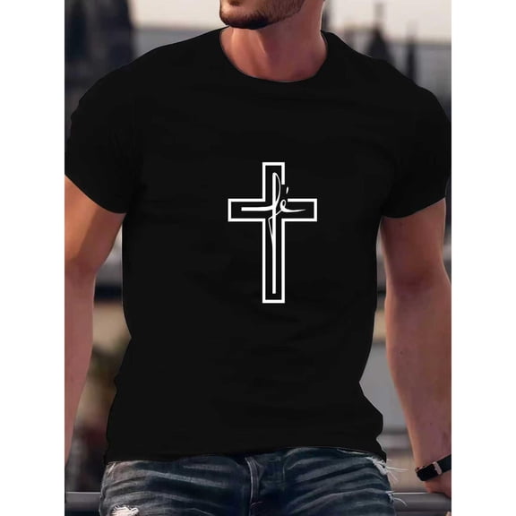 Minimalist Graphic T Shirt Tee Tops with White Cross and Cursive Jé Design Short Sleeve Round Neck Black S-5XL