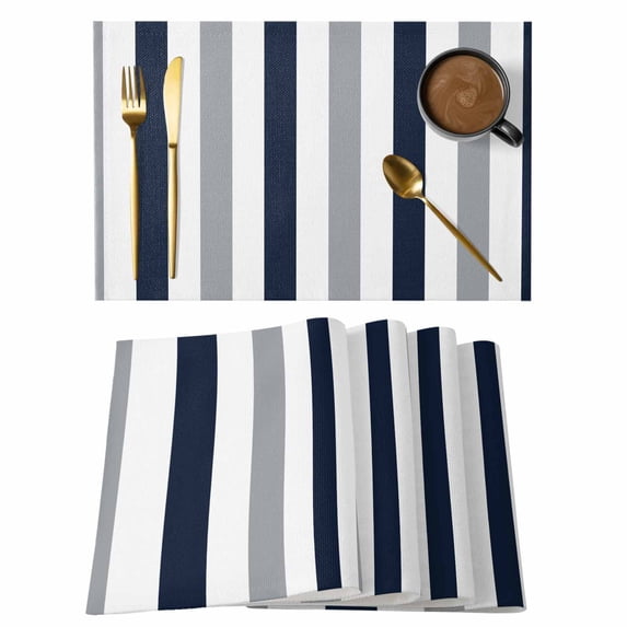 Minimalist Gray Navy Blue Stripe Placemats Set of 6,Wipeable Washable Table Mats for Dining Tables, Modern Contrast Color Block Place Mats for Kitchen Event Party Tabletop Decor