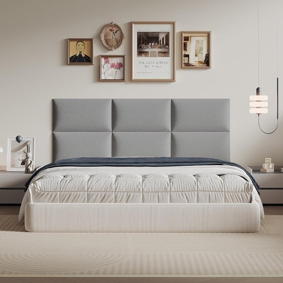 Minimalist Gray Removable Linen Headboard 24x12 Inch 6-Panel Kit - Lightweight Linen Panels for Queen Beds, Renters-Friendly Design